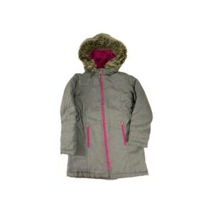 Cat & Jack Girl's Gray/Pink Full Zip Faux Fur Trim Detachable Hood Coat  10-12 L
